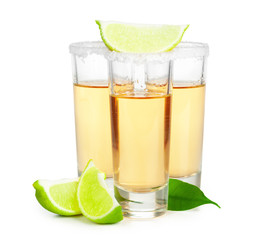 Shot of tequila with a slice of lime no white background