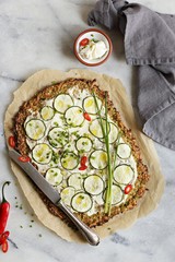 Cauliflower Pizza Crust With zucchini, cream cheese and spring onion . Vegetarian, nut free, grain free, low carb.  Gluten free recipe  for low carb, plant based,clean eating diets concepts.