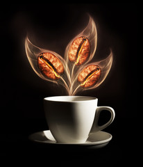 Naklejki  Palone ziarna kawy. Ziarna świeżo palonej kawy z dymem. Zbliżenie ziaren kawy z naciskiem na ziarna z dymem.