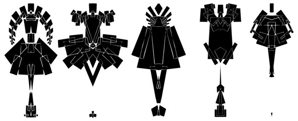 silhouettes of fashion suits set in a geometric black and white style. Fashion illustration SET runway model art black white minimalism art. Silhouette isolated for magazine 