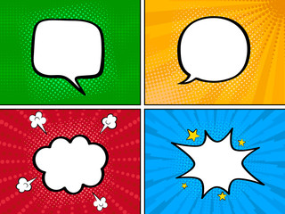 Colorful comic book background with blank white speech bubbles of different shapes. Vector illustration in pop art style