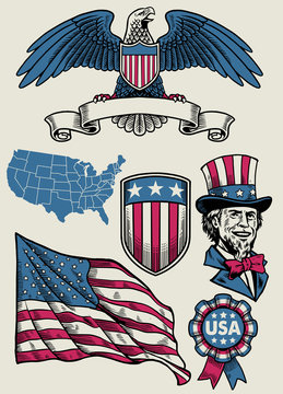 vintage illustration set of object of USA