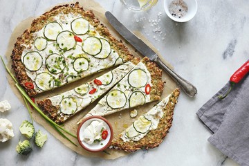 Cauliflower Pizza Crust With zucchini, cream cheese and spring onion . Vegetarian, nut free, grain...