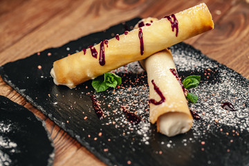 Exquisite restaurant dessert.  Exclusive meals and haute cuisine concept, top view