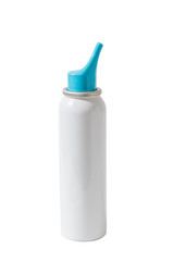 A white tube of spray against a common cold with a blue nose isolated on white  background, there is a revenge for the signature.