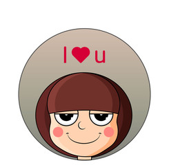 Head of cute girl with heart over head. Smug expression. I love you.