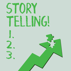Text sign showing Story Telling. Business photo text activity writing stories for publishing them to public Colorful Arrow Pointing Upward with Detached Part Like Jigsaw Puzzle Piece