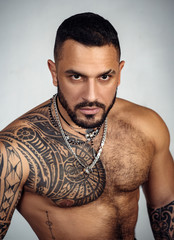 sexy abs of tattoo man. male fashion. muscular macho man with athletic body. confidence charisma. sport fitness health. brutal sportsman torso. steroids. Sport success. success in healthy lifestyle
