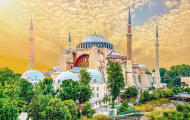 Sunny day architecture and Hagia Sophia Museum, in Eminonu, istanbul, Turkey 