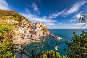 Naklejka premium View of Manarola (Manaea in the local dialect), the second-smallest of the famous Cinque Terre towns, Italy.