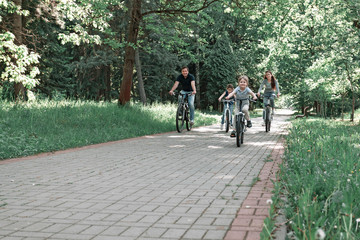 parents with their children on bicycles in the summer Park.