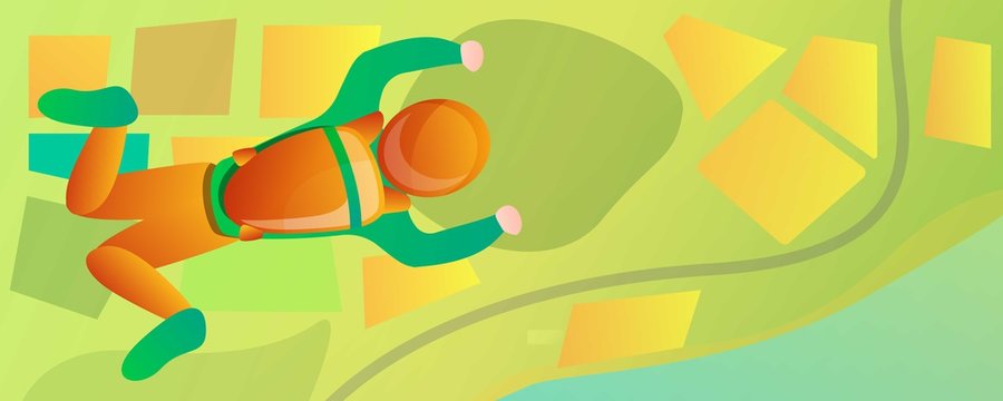 Freefall skydiver in green field concept banner. Cartoon illustration of freefall skydiver in green field vector concept banner for web design