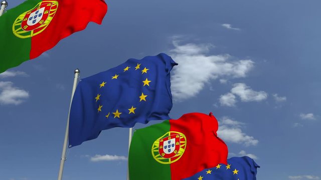 Many flags of Portugal and the European Union EU, loopable 3D animation