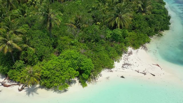 aerial drone shot over uninhabited island with coconut palms
