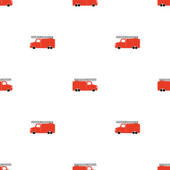 Hand Draw A Fire Truck Seamless Pattern. Vector Boyish Background in Scandinavian Style. Red fire Cute Cars Isolated on White Background. Print for Children's t-Shirt, Textile, packaging, cover