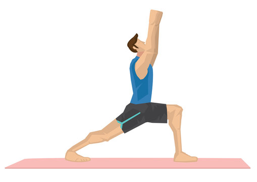 Illustration of a strong man practicing yoga with a warrior pose.