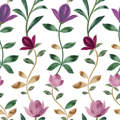 Watercolor pattern. Seamless botanic pattern. Magnolia Flowers. Drawn flowers. Elegant leaves for art design.