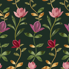 Watercolor pattern. Seamless botanic pattern. Magnolia Flowers. Drawn flowers. Elegant leaves for art design.
