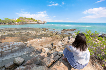 Naklejka premium Young girl woman female on Beautiful Tropical Beach PP Island, Krabi, Phuket, Thailand blue ocean background Women items vacation accessories for holiday long weekend idea for planning travel