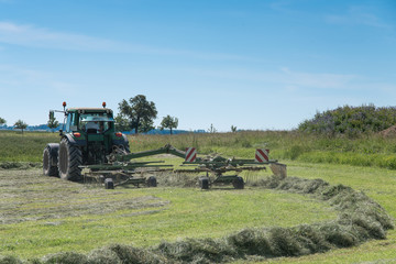 Fototapeta na wymiar tracteur agricole rassemblant le foin sur le champ