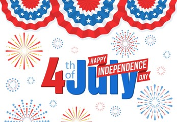 American Independence Day, festive banner with american flag and fireworks. Vector