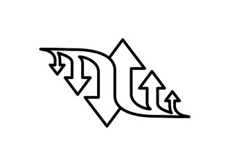 Three Arrow Sign Direction Two way. Flat Line Road Direction Black Vector Illustration