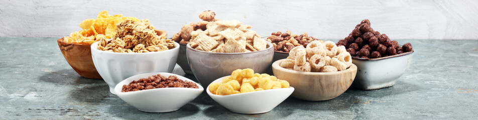 Cereal. Bowls of various cereals for breakfast. Muesli with kids cereals.
