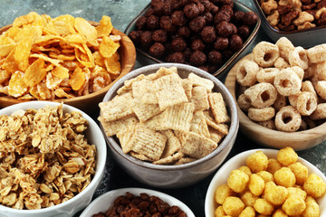Cereal. Bowls of various cereals for breakfast. Muesli with kids cereals.