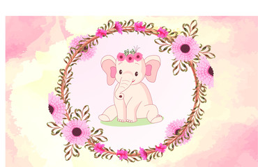 Cute baby elephant smiling from floral frame on a watercolor background