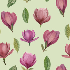 Floral spring seamless pattern, vintage flowers bouquet, magnolia, twigs and leaves, botanical watercolor illustration.