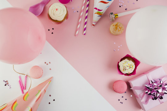 Flat lay composition of birthday elements with copyspace