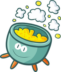 Cute and funny big cooking pan filled with hot yellow orange fluid