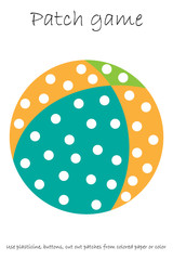 Education Patch game ball for children to develop motor skills, use plasticine patches, buttons, colored paper or color the page, kids preschool activity, printable worksheet, vector illustration