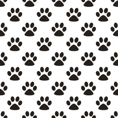 Cute paw seamless pattern, cat feet steps, pet design. Texture for wallpapers, fabric, wrap, web page backgrounds, vector illustration