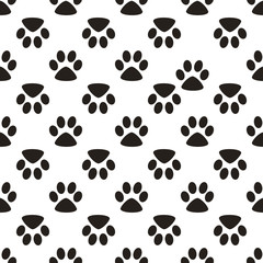 Obraz na płótnie Canvas Cute paw seamless pattern, cat feet steps, pet design. Texture for wallpapers, fabric, wrap, web page backgrounds, vector illustration