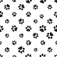 Fototapeta premium Cute paw seamless pattern, cat feet steps, pet design. Texture for wallpapers, fabric, wrap, web page backgrounds, vector illustration