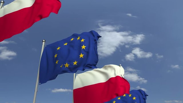 Waving flags of Poland and the European Union EU, loopable 3D animation