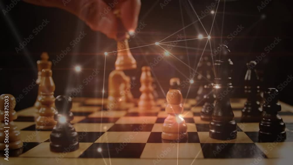 Poster man playing chess and asymmetrical lines
