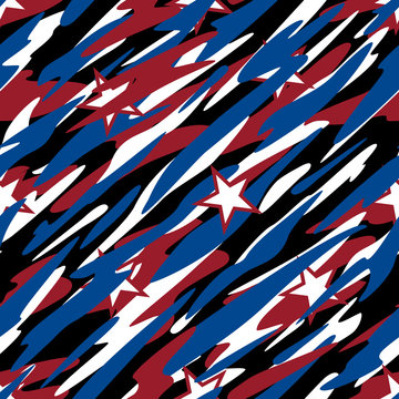 Patriotic Camouflage Red White and Blue with Stars American Pride Abstract Seamless Repeating Pattern Vector