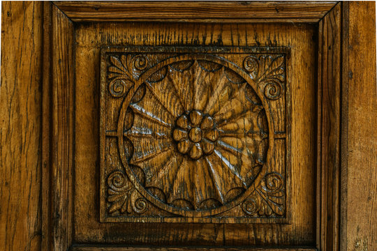 Carved wood pattern, retro element of decor. Exquisite wood carving technology