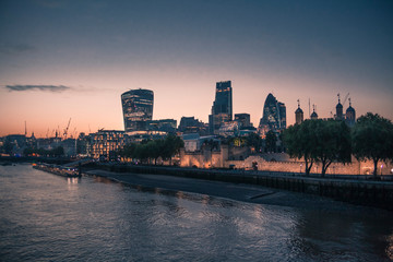sunset views of south bank in London from the tower bridge