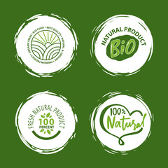 Fresh vegan food label, green poster natural and herbal product, 100 percent organic, healthy product, set of emblem, market sticker vector. Menu logo on white abstract watercolor lable