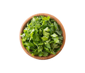 Parsley isolated on white background. Top view. Parsley leaves with copy space for text. Herbs isolated on white. Parsley leaves on white background.