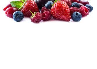  Ripe strawberries, blueberries, raspberries, red berries and plums. Mix fruits on white. Mix berries with copy space for text. Various fresh summer berry. Black-blue and red berries on white.