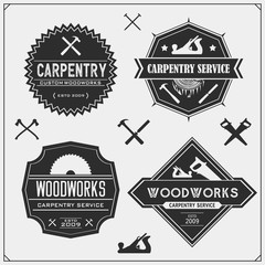 Set of vintage carpentry emblems. Woodwork  labels, badges, logos and design elements. Black and white vector illustration.