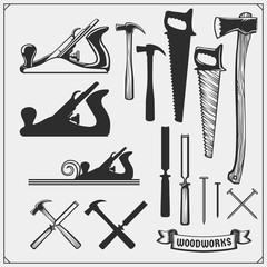 Set of woodworking and carpentry wood work tools. Carpentry Shop design. Black and white vector illustration. - obrazy, fototapety, plakaty