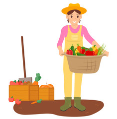Farmer on harvesting season vector, person with woven basket and fruits in it, pepper and tomato, carrots and apples in wooden boxes on ground flat style