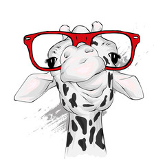 Obraz premium Funny giraffe with glasses. Vector illustration for greeting card or poster. Print on clothing or printed materials. Wild animal.