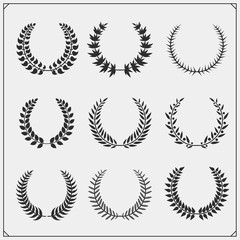 Laurel wreath floral collection. Vector black and white illustration.