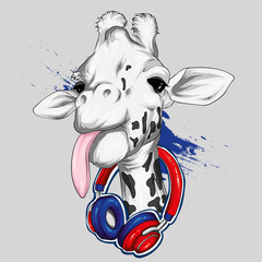 Giraffe with headphones. Vector. Wild animals.